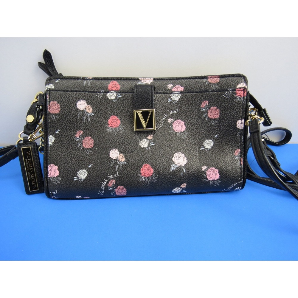 Victoria's Secret Convertible Crossbody Clutch Wristlet Bag Black Floral Rose